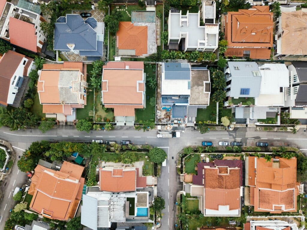 Aerial view of houses in neighborhood